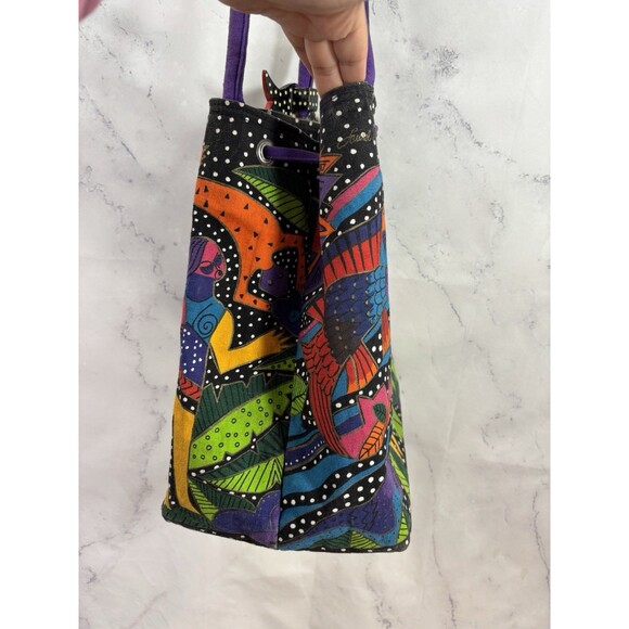 Vtg 90s LAUREL BURCH Tote Bag Drawstring Bucket Canvas Cat Retro Folk Art Artist - Picture 15 of 16